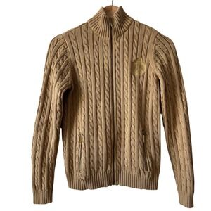 Lauren Ralph Lauren Petite Tan Brown Cable Knit Full Zip Cardigan Sweater PM
